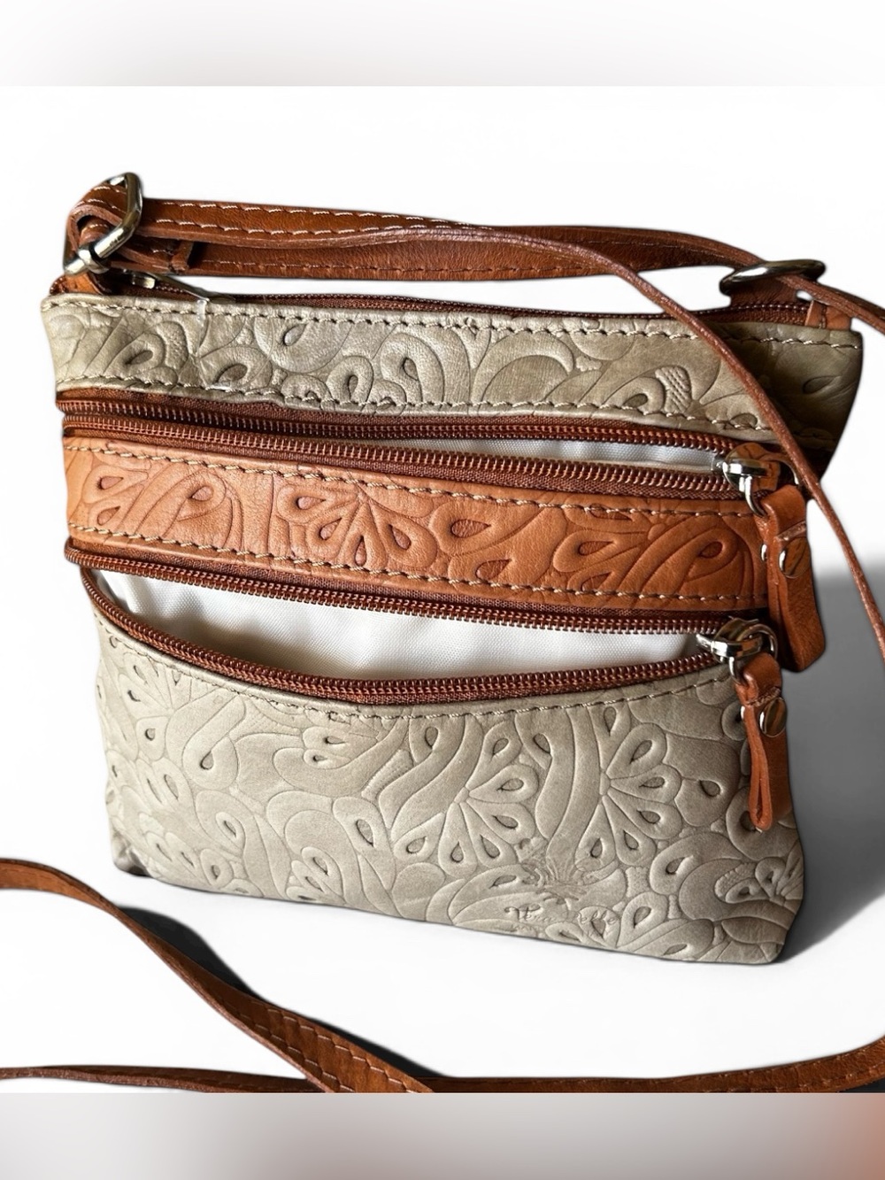 Italian Leather-Embossed Crossbody Bag in Cream and Tan - Picture 5 of 10